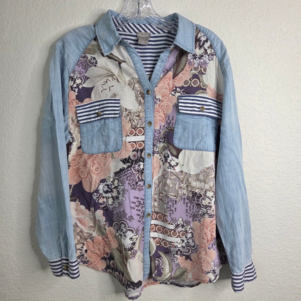 Chico's Mixed Media Button Down Shirt 2 L Floral Stripe Boho Eclectic Patchwork